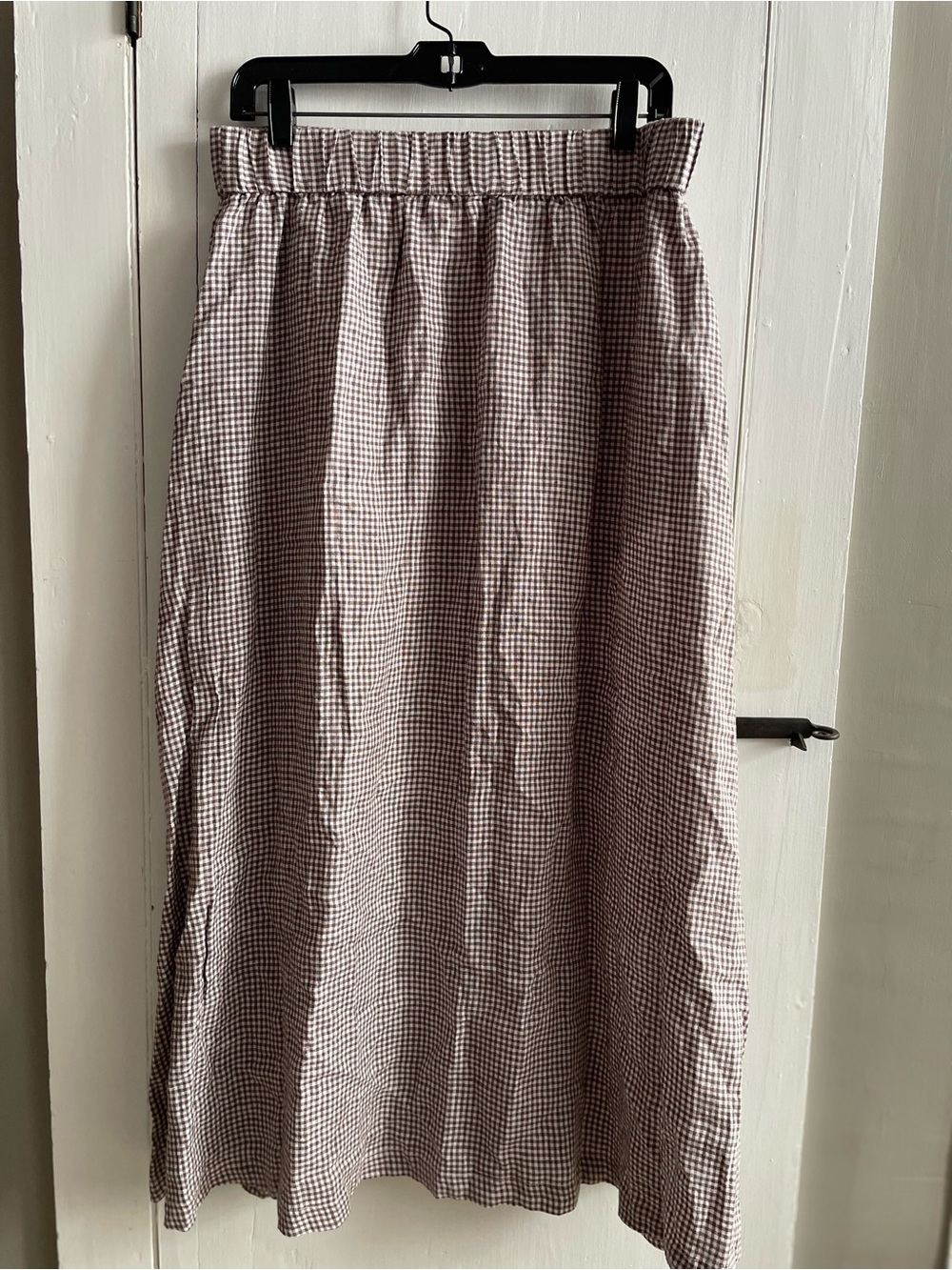 QUINCE 100% European Linen Brown & Taupe Gingham Maxi Skirt W/Side Slit Sz L NWT - Picture 5 of 9